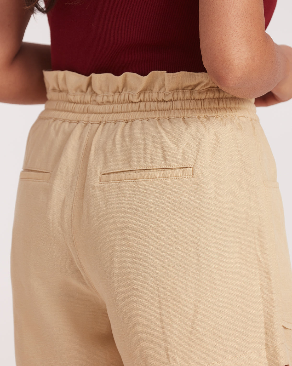 High Waist Linen Blend Paperbag Shorts - Coastal Khaki