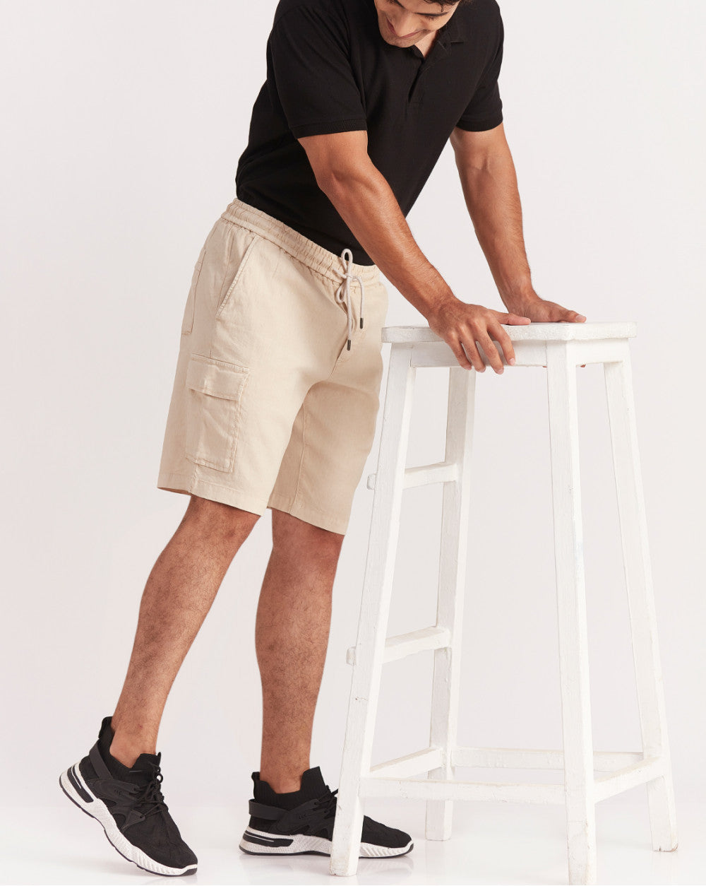 Regular Fit Dyed Linen Cargo Shorts - Beige Khaki