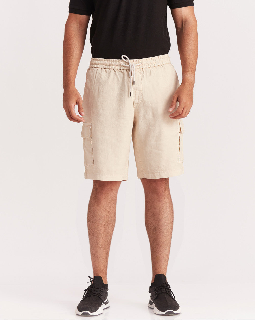 Regular Fit Dyed Linen Cargo Shorts - Beige Khaki