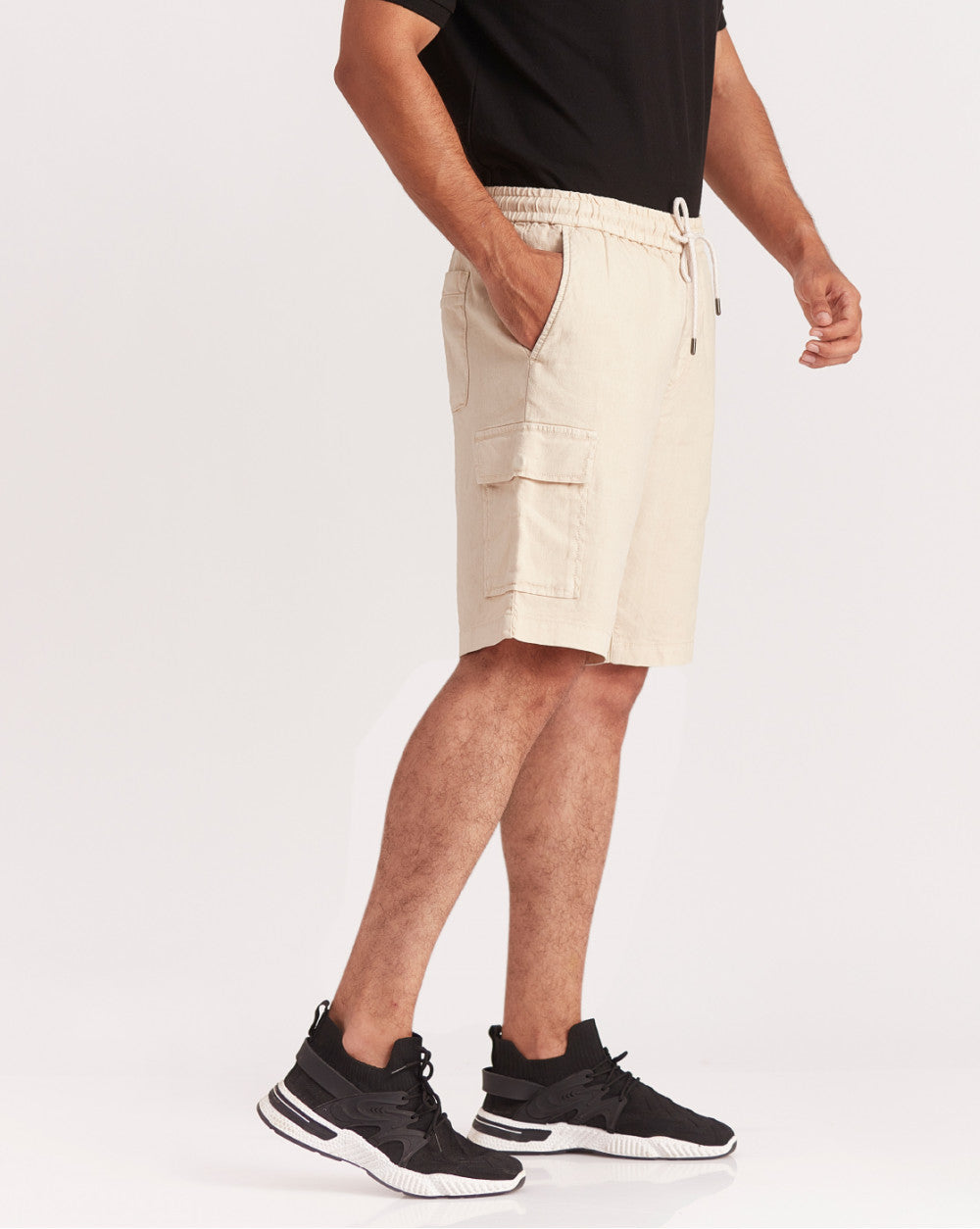 Regular Fit Dyed Linen Cargo Shorts - Beige Khaki