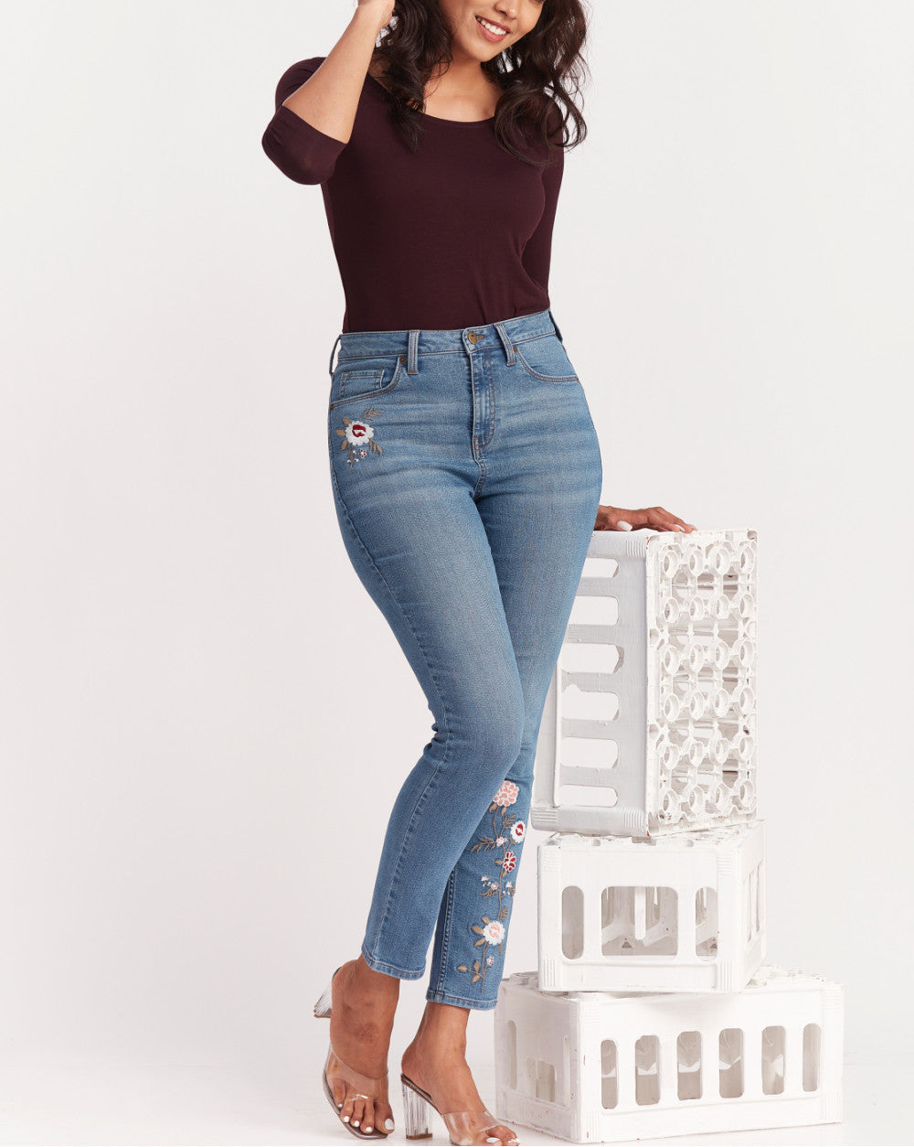 Skinny Fit, Floral Embroidered Jeans - Summer Blue