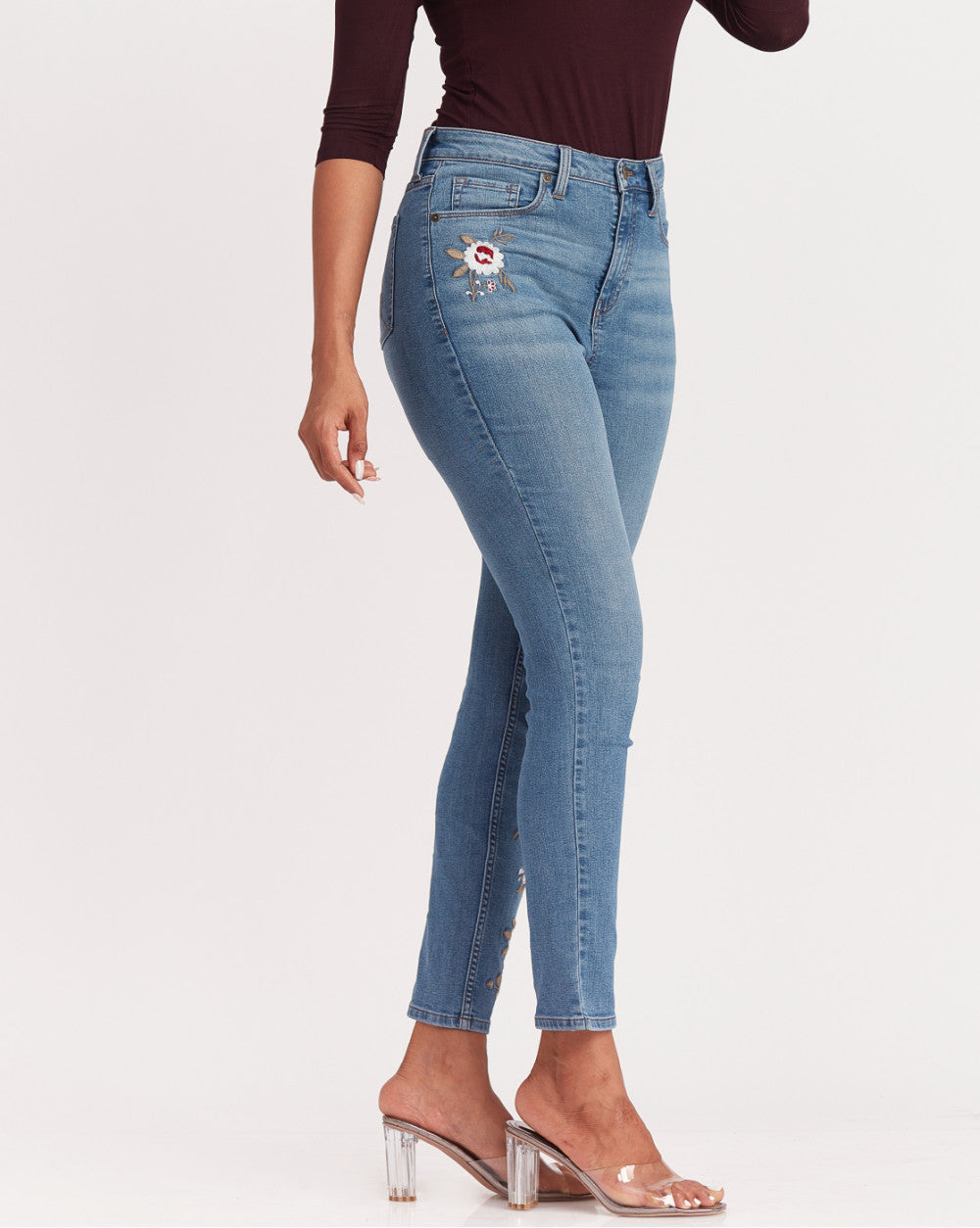 Skinny Fit, Floral Embroidered Jeans - Summer Blue