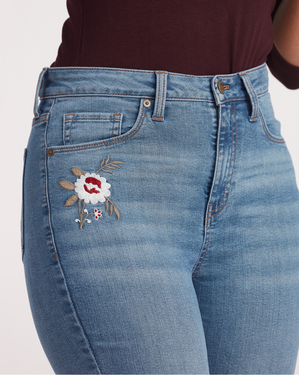 Skinny Fit, Floral Embroidered Jeans - Summer Blue