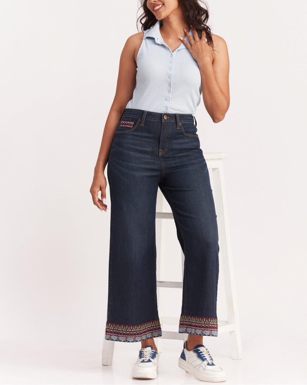 Wide Leg High Waist Boho Embroidered Jeans - Prime Blue