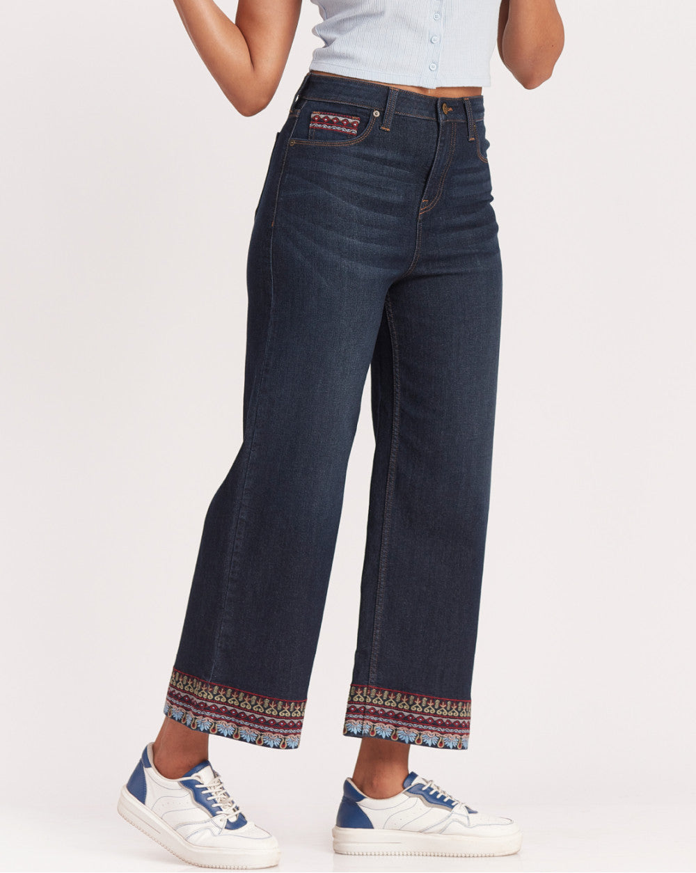 Wide Leg High Waist Boho Embroidered Jeans - Prime Blue
