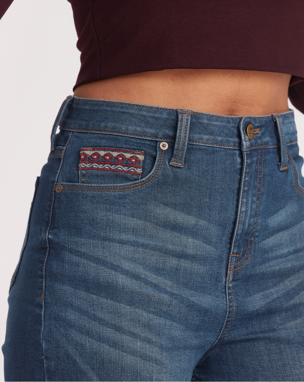 Wide Leg High Waist Boho Embroidered Jeans - Classic Blue
