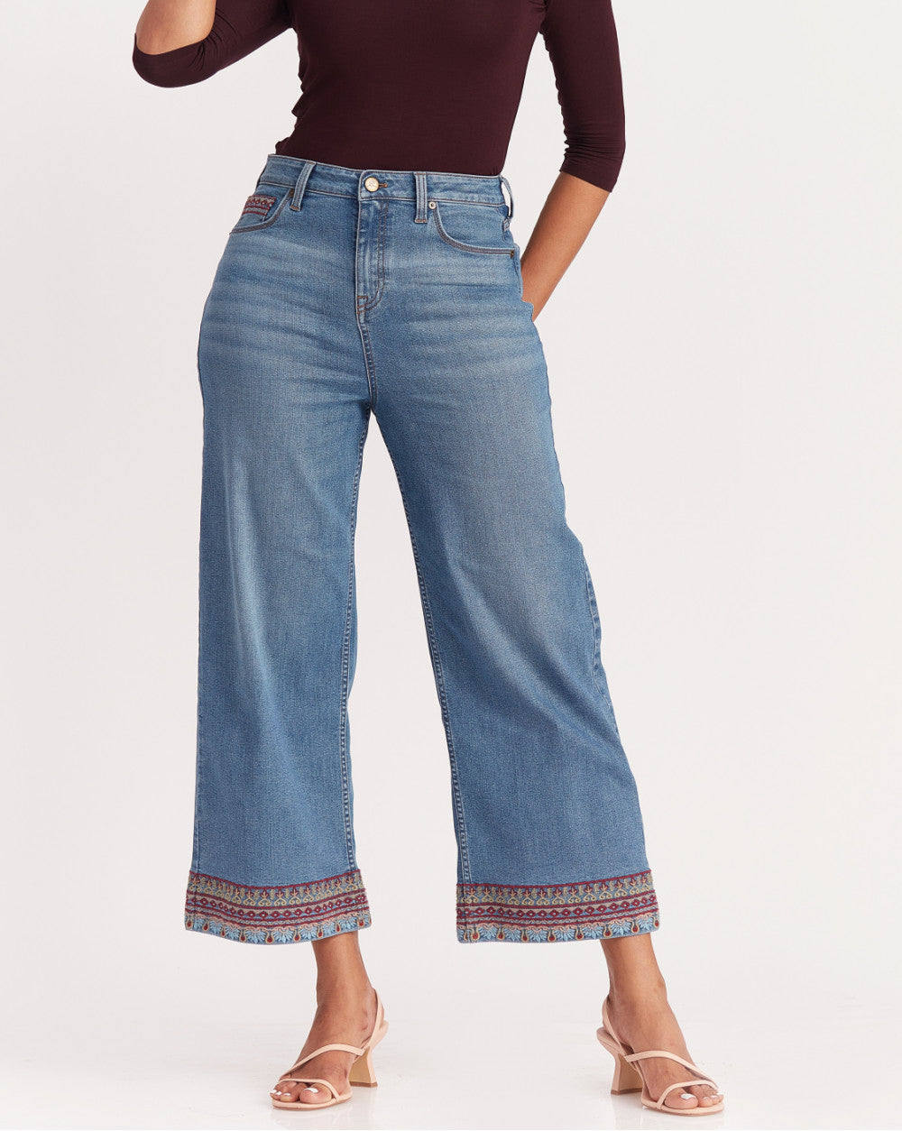 Wide Leg High Waist Boho Embroidered Jeans - Summer Blue