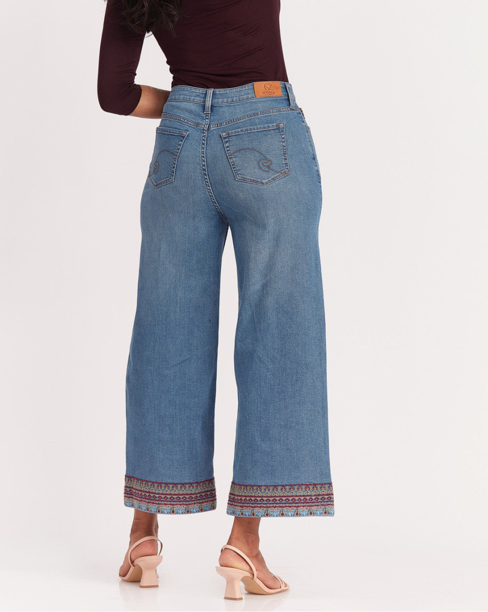 Wide Leg High Waist Boho Embroidered Jeans - Summer Blue