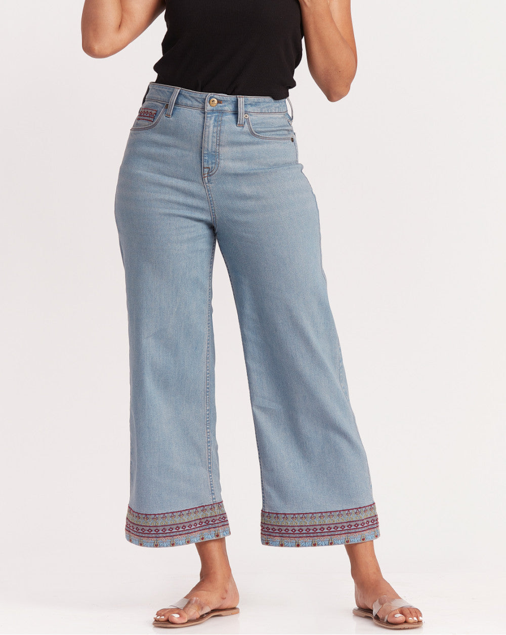 Wide Leg High Waist Boho Embroidered Jeans - Vapour Blue