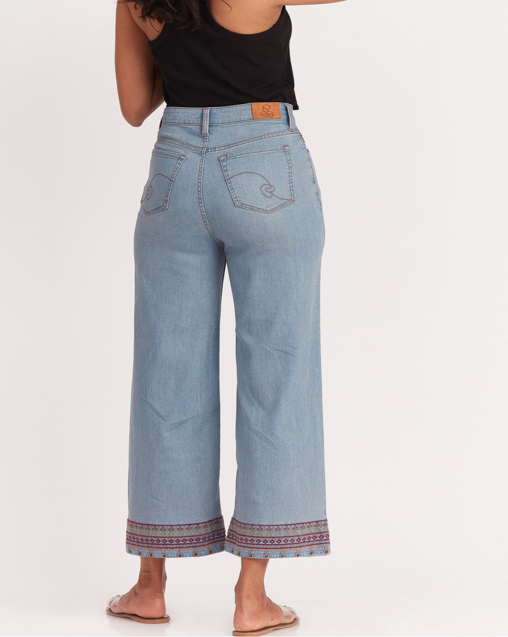 Wide Leg High Waist Boho Embroidered Jeans - Vapour Blue