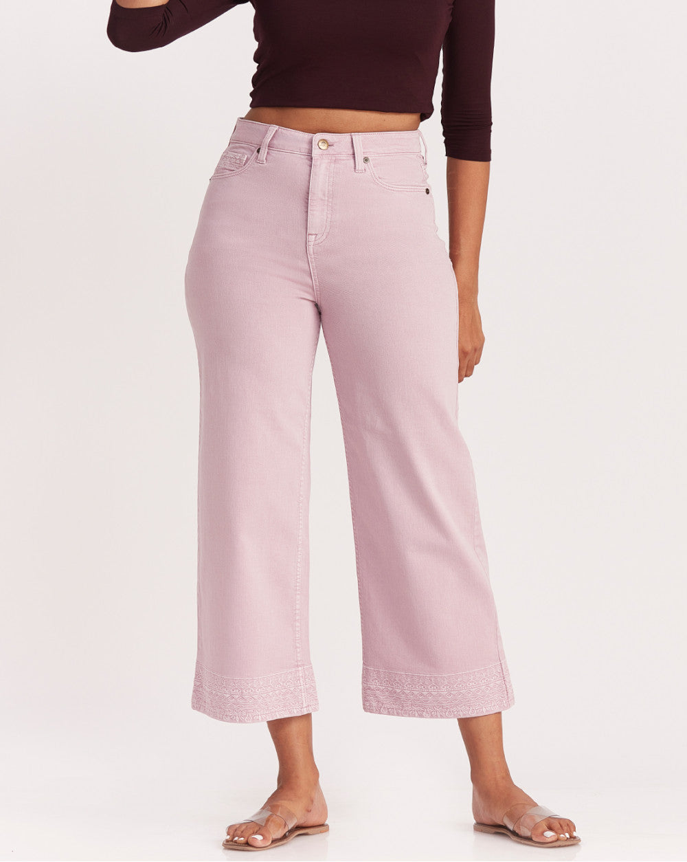 Wide Leg High Waist Boho Embroidered Colored Jeans - Lush Lilac