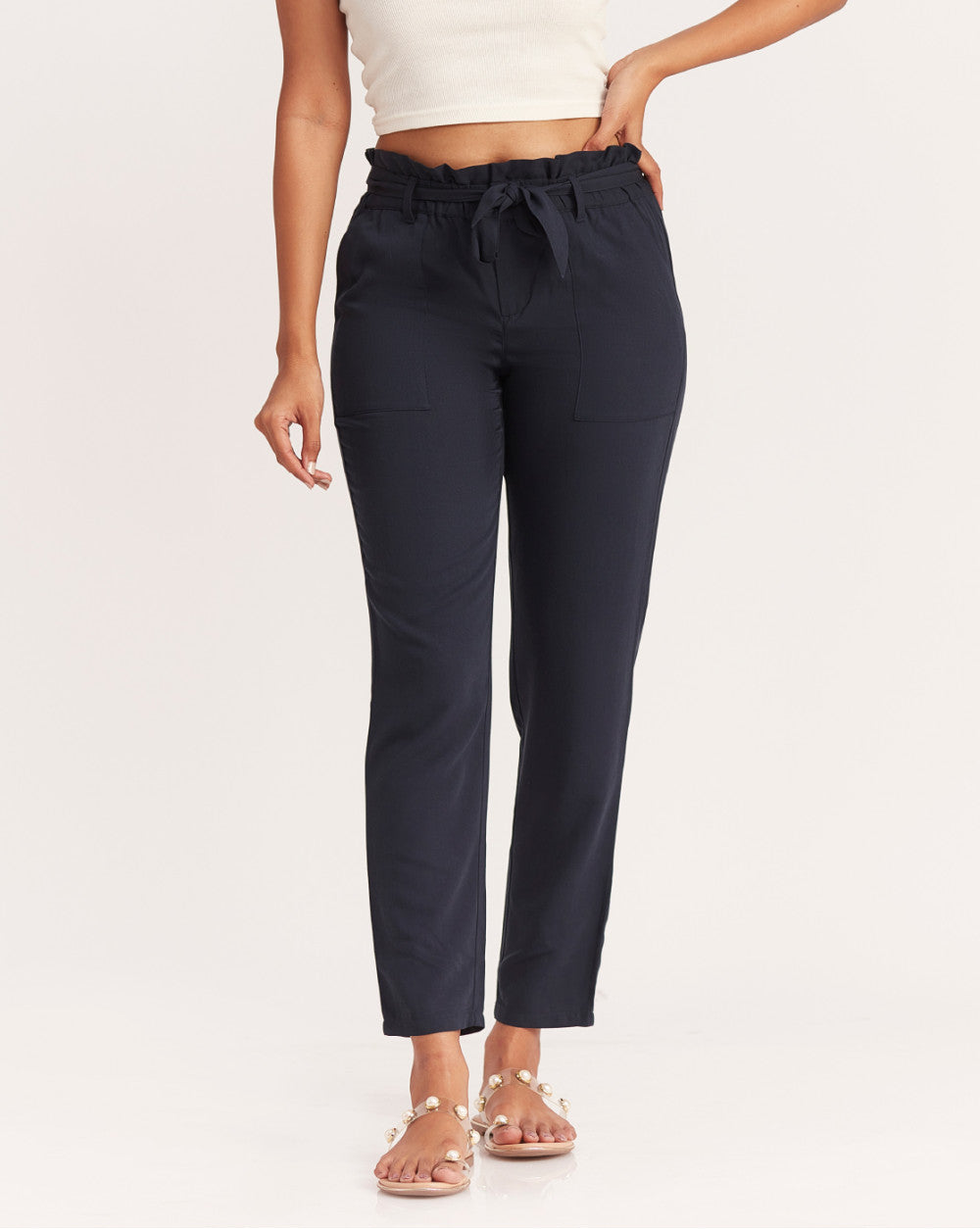 Tapered Fit Paperbag Drapey Pants With Tie-Up - Navy