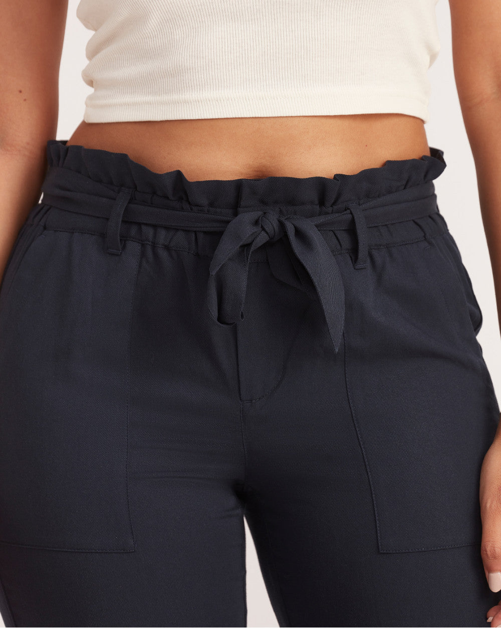 Tapered Fit Paperbag Drapey Pants With Tie-Up - Navy