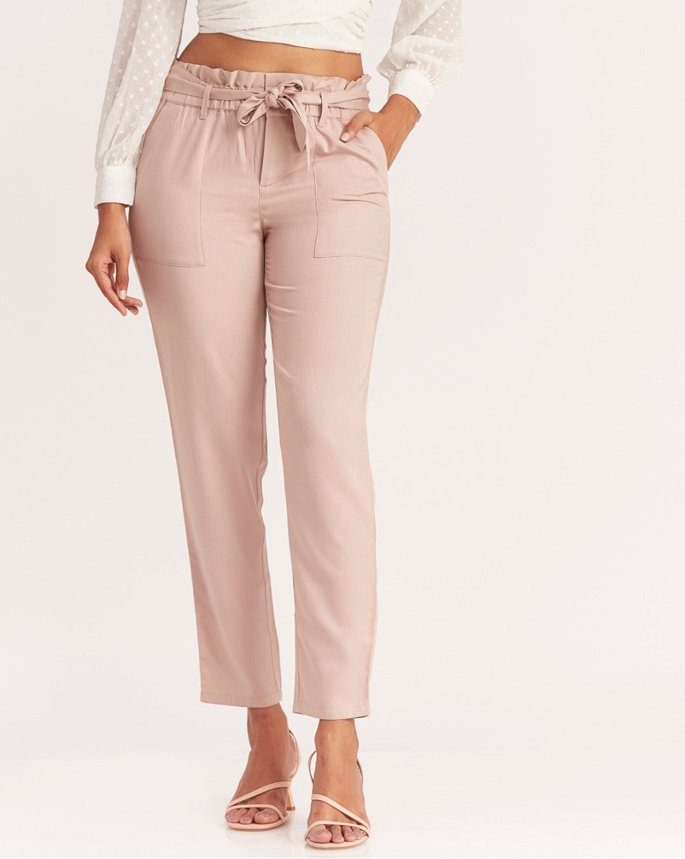 Tapered Fit Paperbag Drapey Pants With Tie-Up - Rose Pink