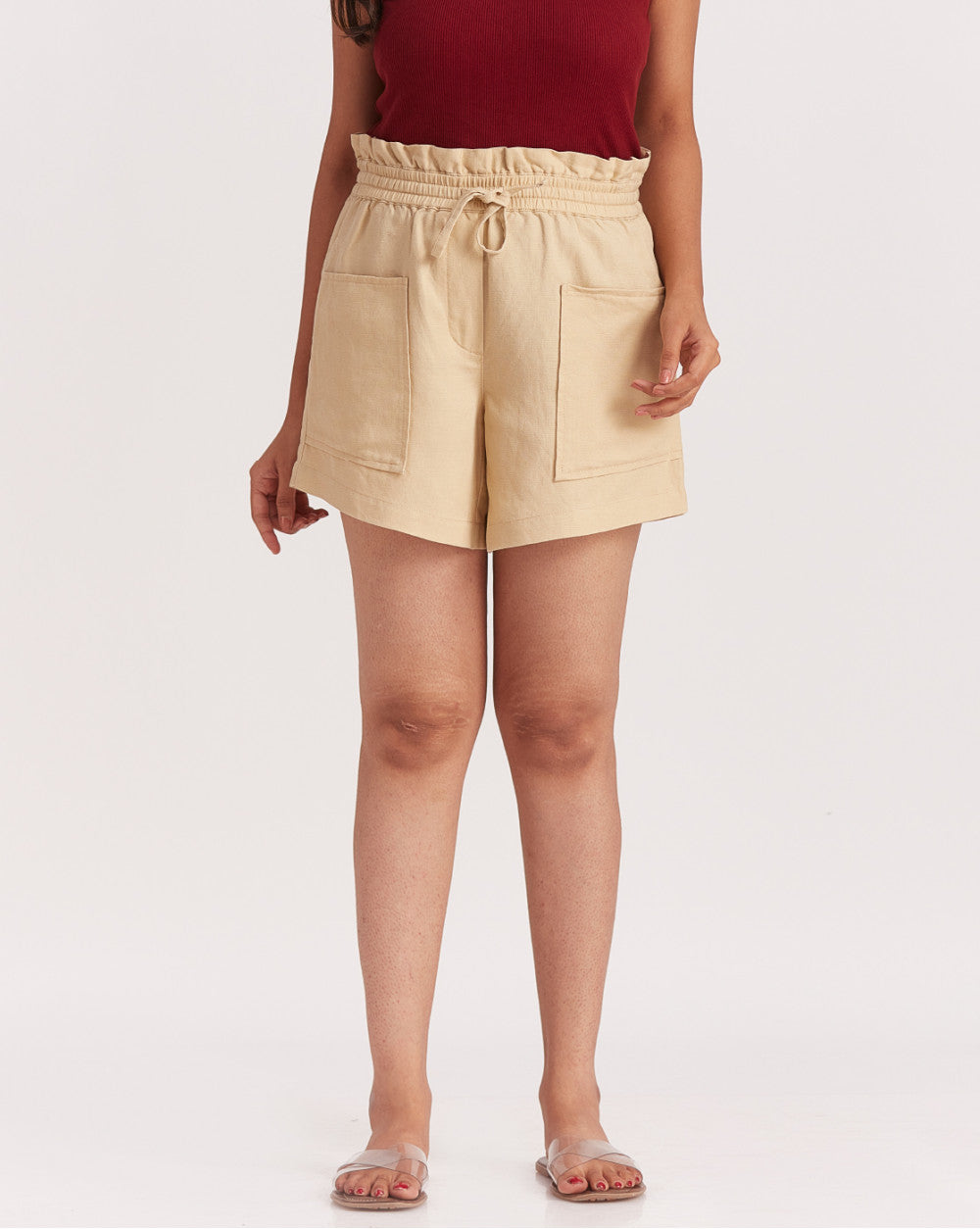 High Waist Linen Blend Paperbag Shorts - Coastal Khaki