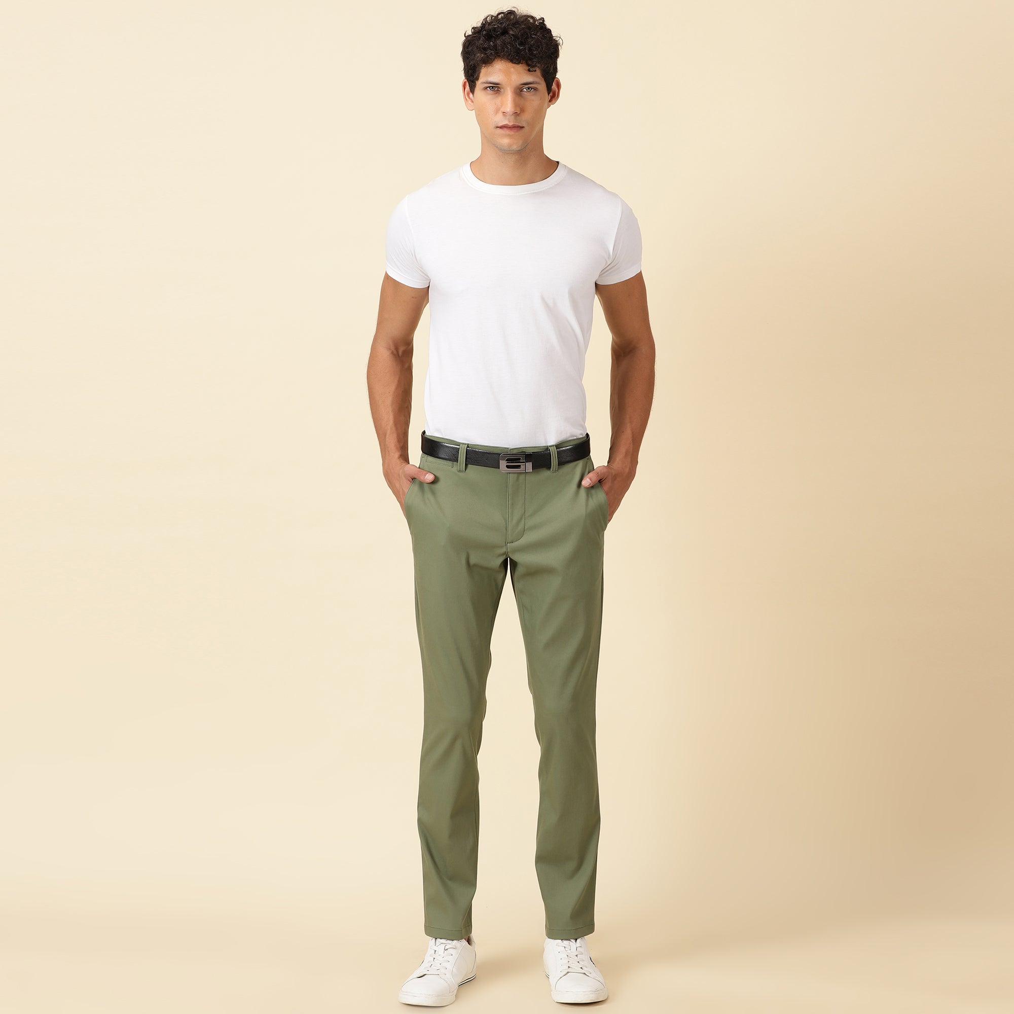 Slim Fit Elasticized Crossover Chinos - Olivine Green