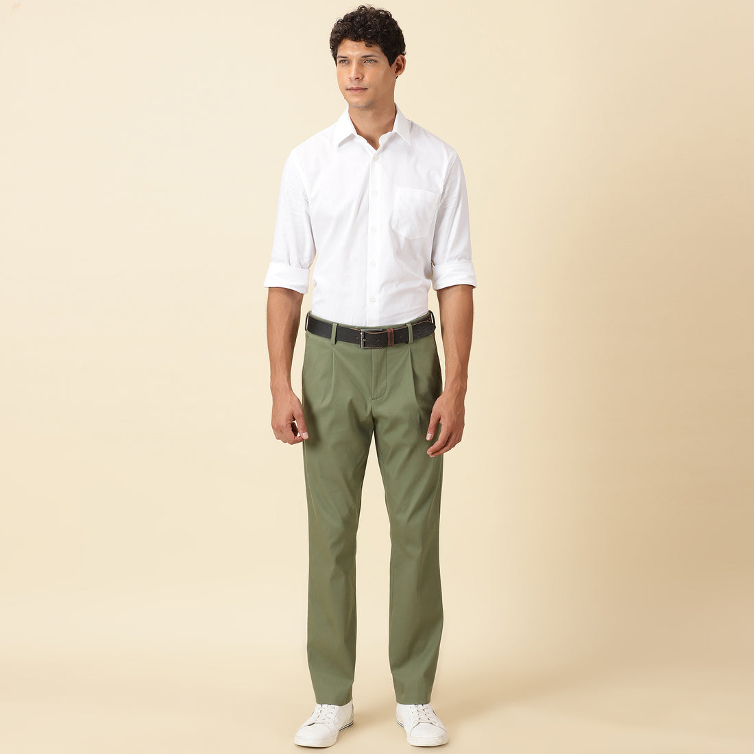 Single Pleated Relaxed Fit Trousers - Olivine Green