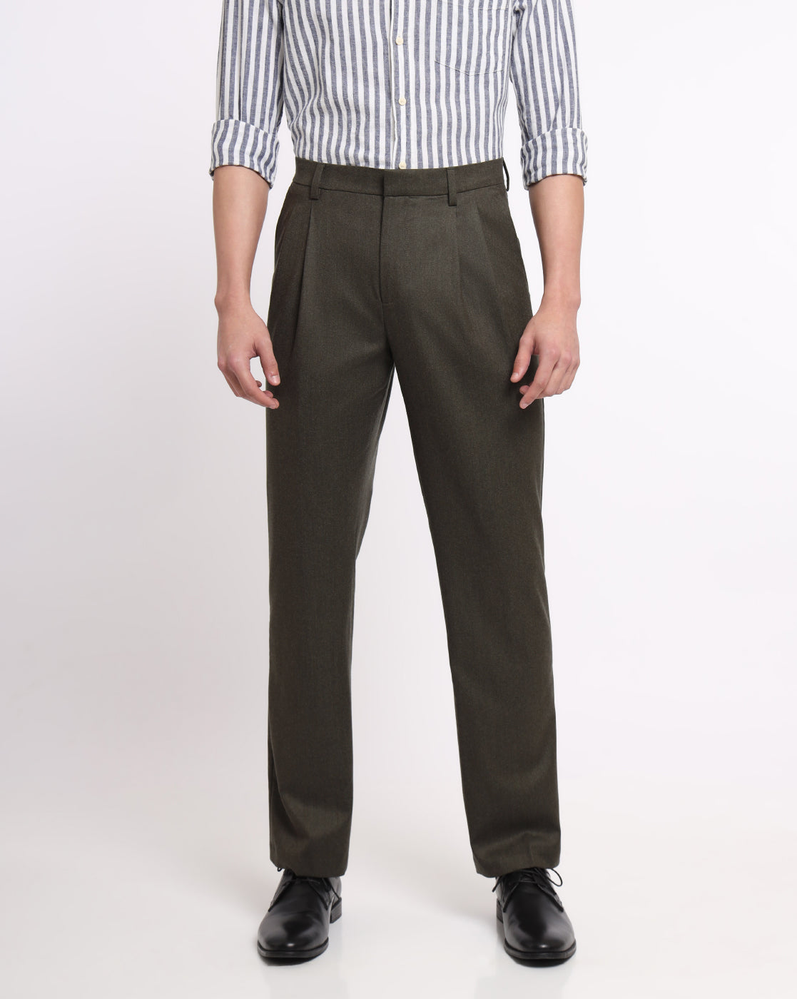 Double Pleated Wool Pants - Olive