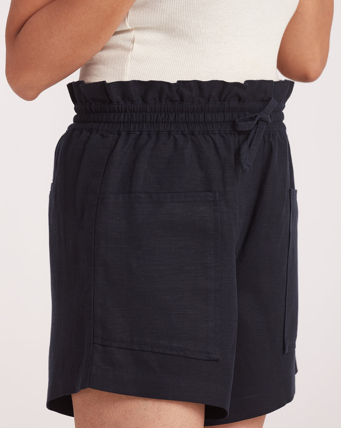 High Waist Linen Blend Paperbag Shorts - Navy