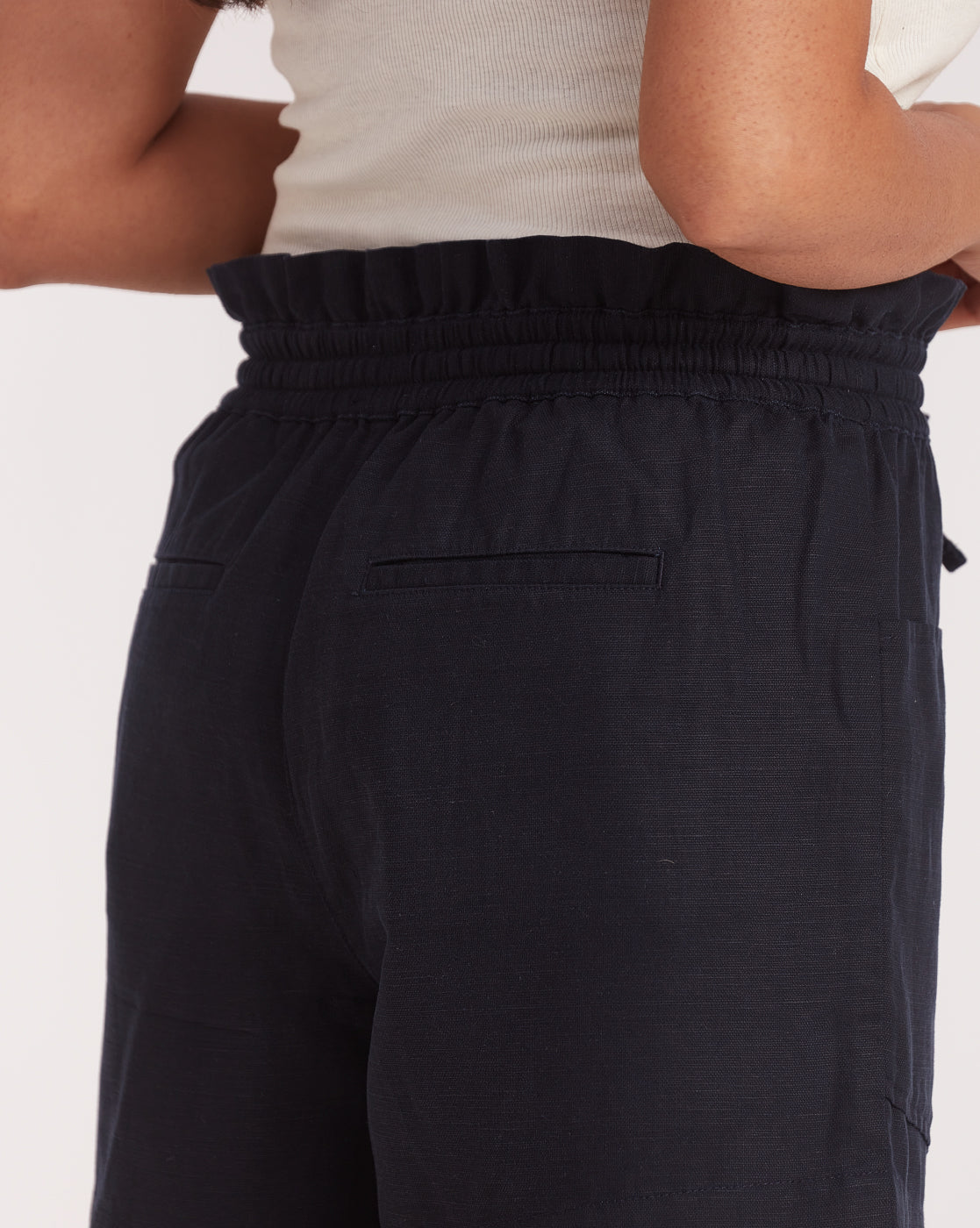 High Waist Linen Blend Paperbag Shorts - Navy