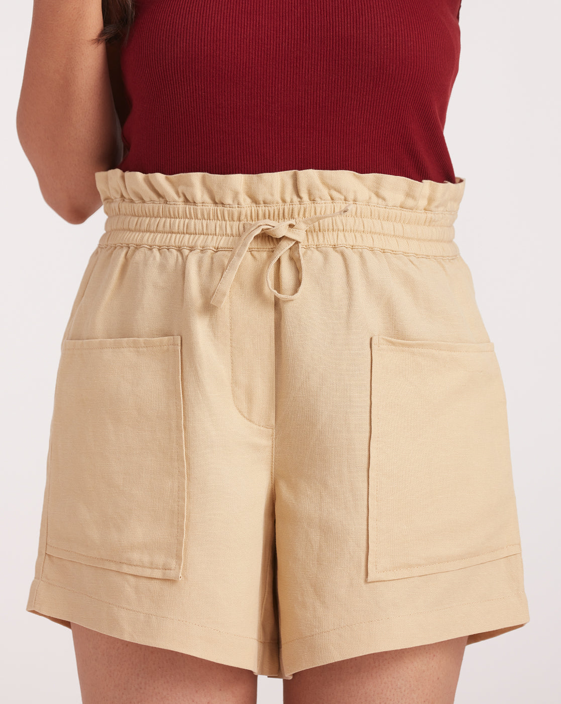 High Waist Linen Blend Paperbag Shorts - Coastal Khaki