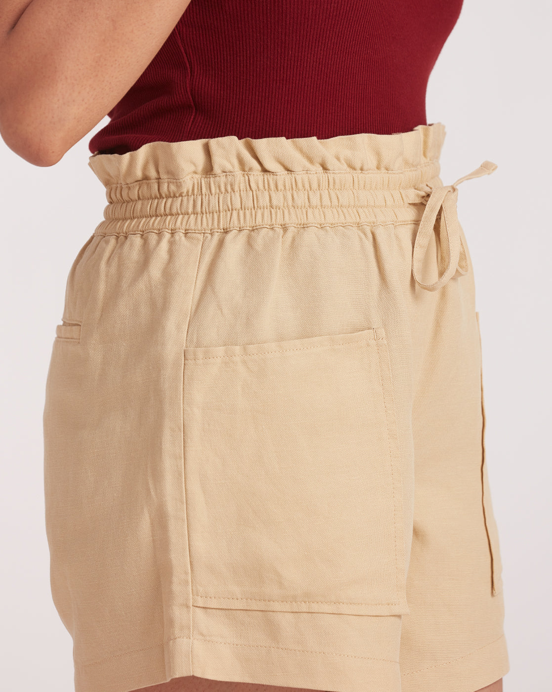 High Waist Linen Blend Paperbag Shorts - Coastal Khaki