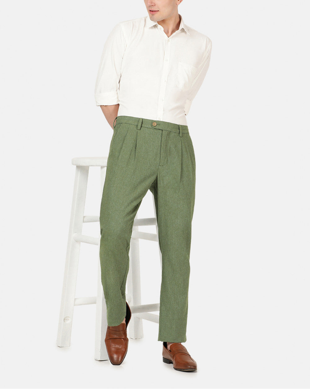 Double Pleated Relaxed Fit Trousers - Chive Green