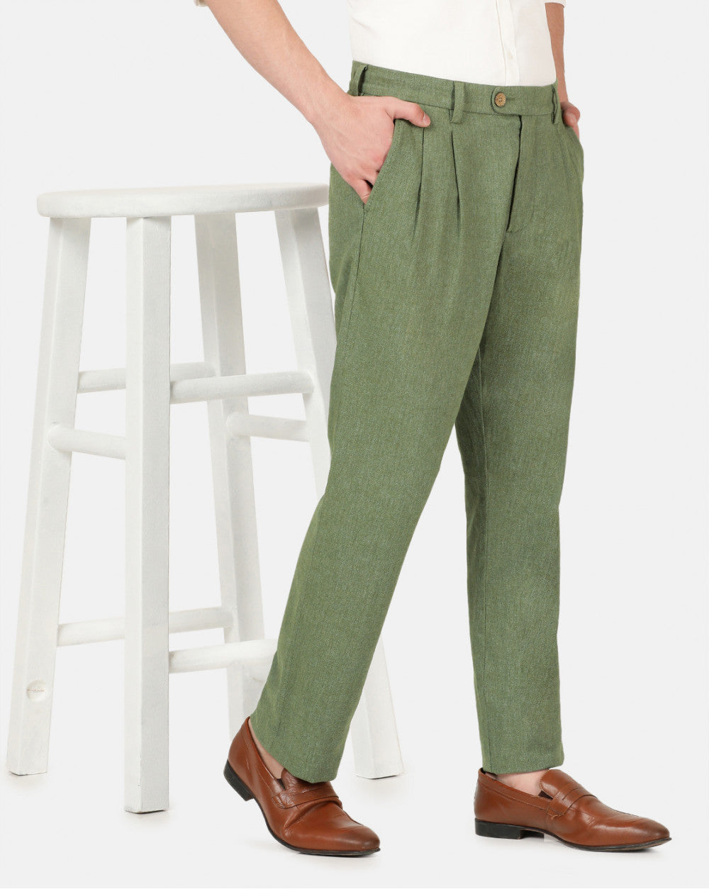 Double Pleated Relaxed Fit Trousers - Chive Green