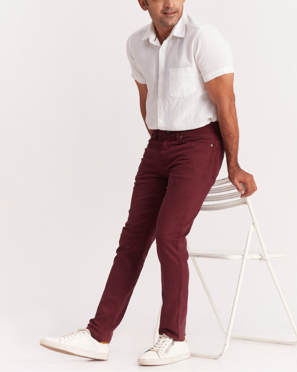 Slim Fit Six-Pocket Coloured Denims - Maroon