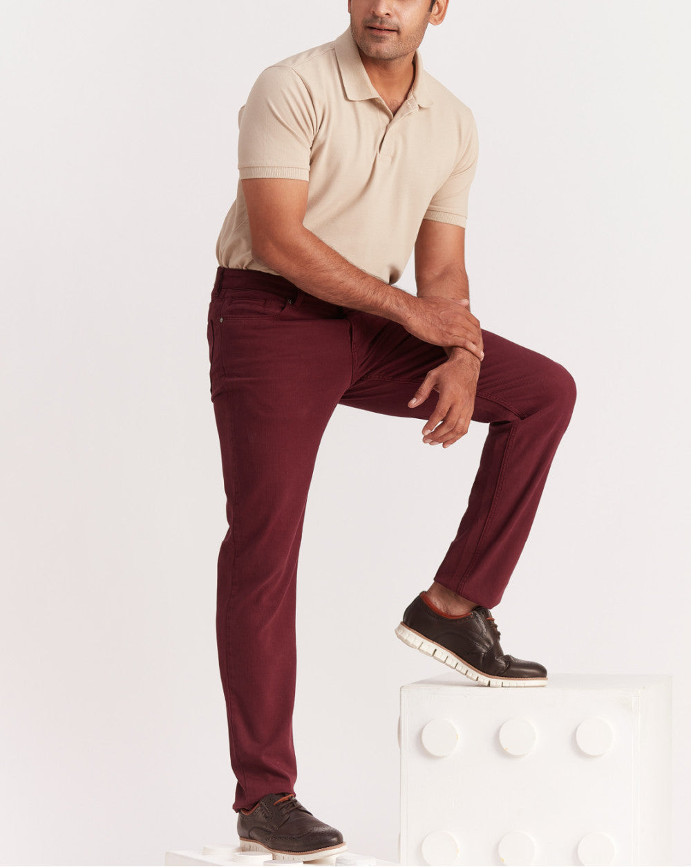 Straight Fit Six-Pocket Coloured Denims - Maroon