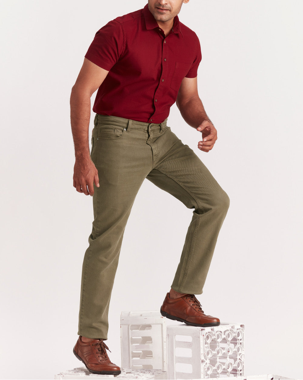 Straight Fit Six-Pocket Coloured Denims - Army Green