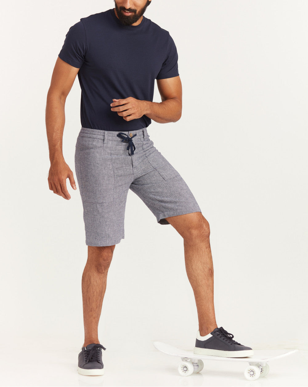 Regular Fit Textured Linen Shorts - Space Blue