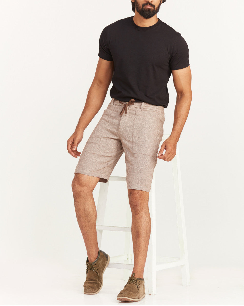 Regular Fit Textured Linen Shorts - Brown Oak