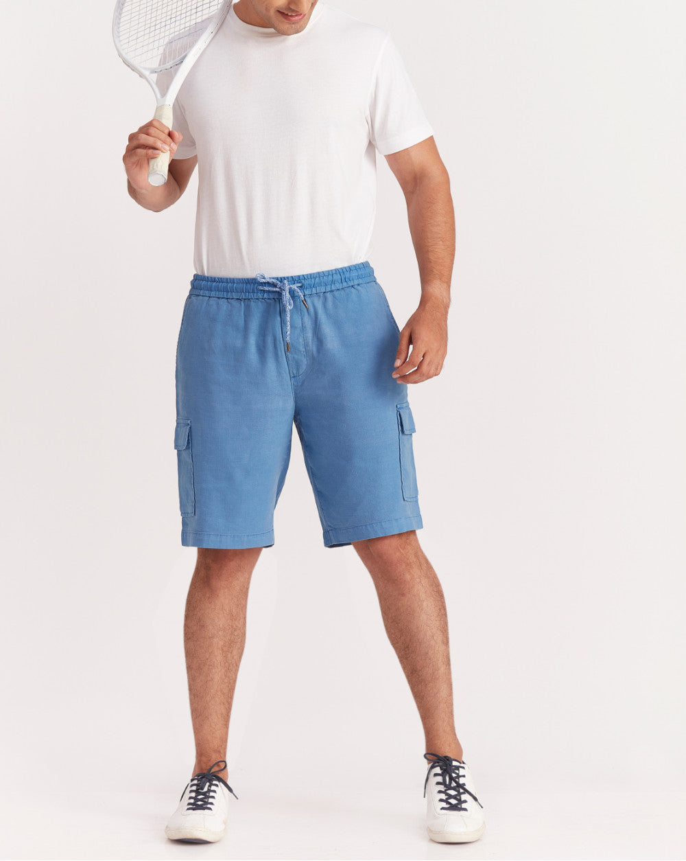 Regular Fit Dyed Linen Cargo Shorts - Federal Blue