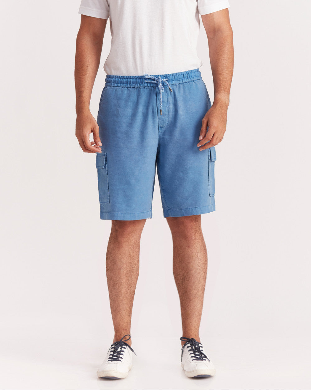 Regular Fit Dyed Linen Cargo Shorts - Federal Blue