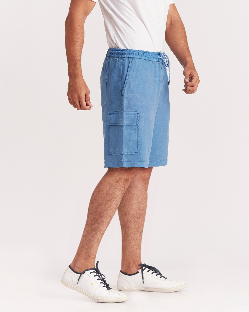 Regular Fit Dyed Linen Cargo Shorts - Federal Blue