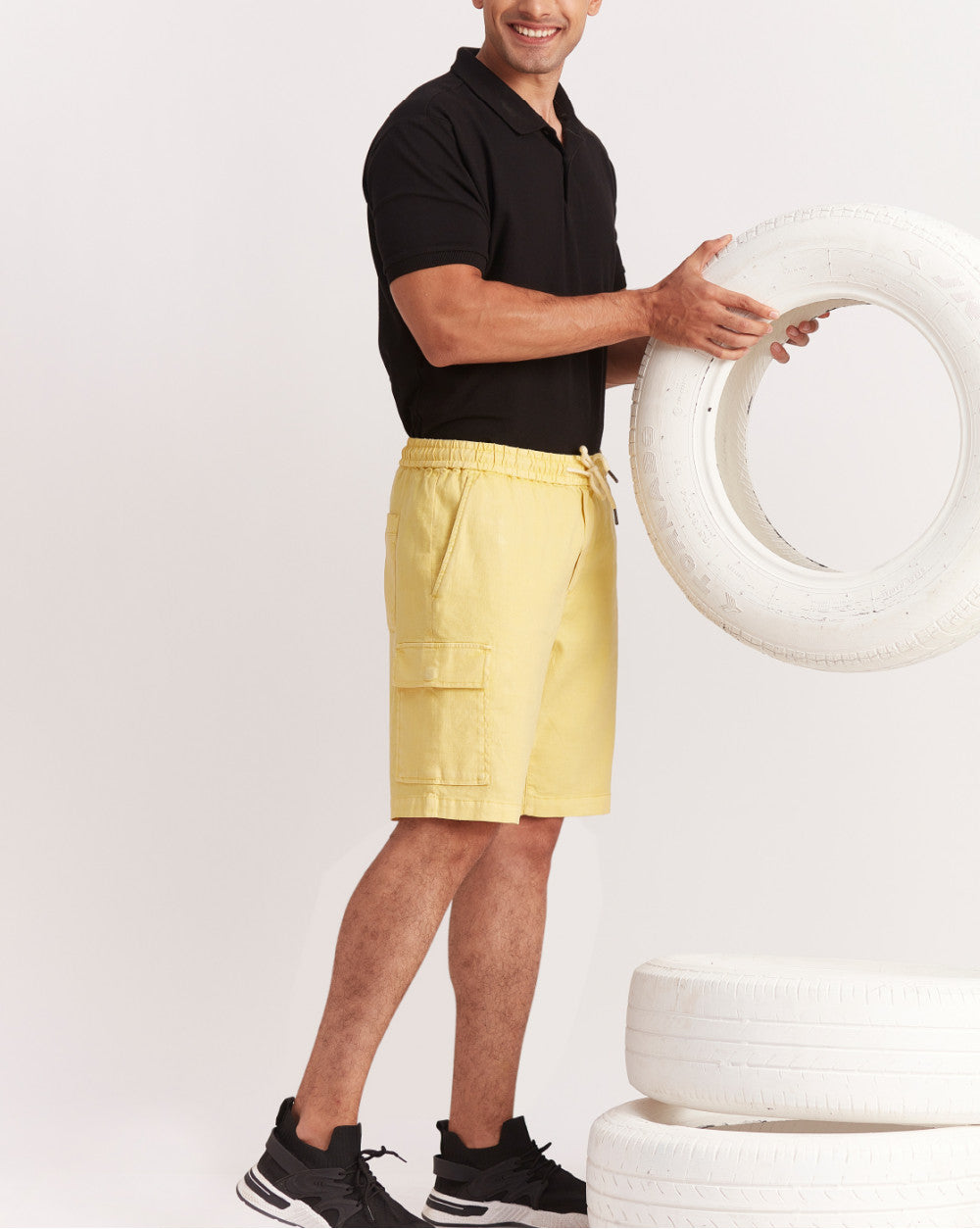 Regular Fit Dyed Linen Cargo Shorts - Butter Yellow