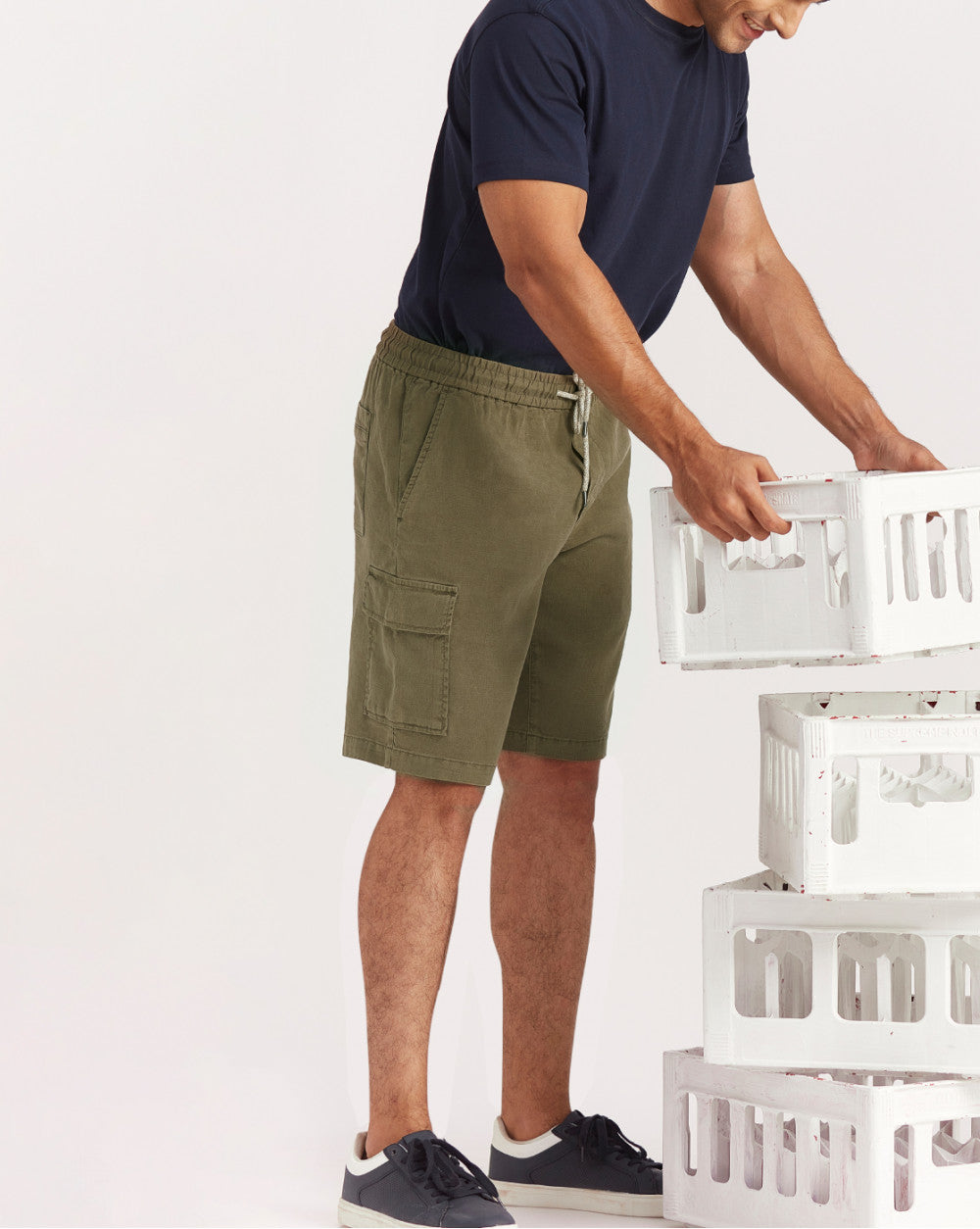 Regular Fit Dyed Linen Cargo Shorts - Army Green