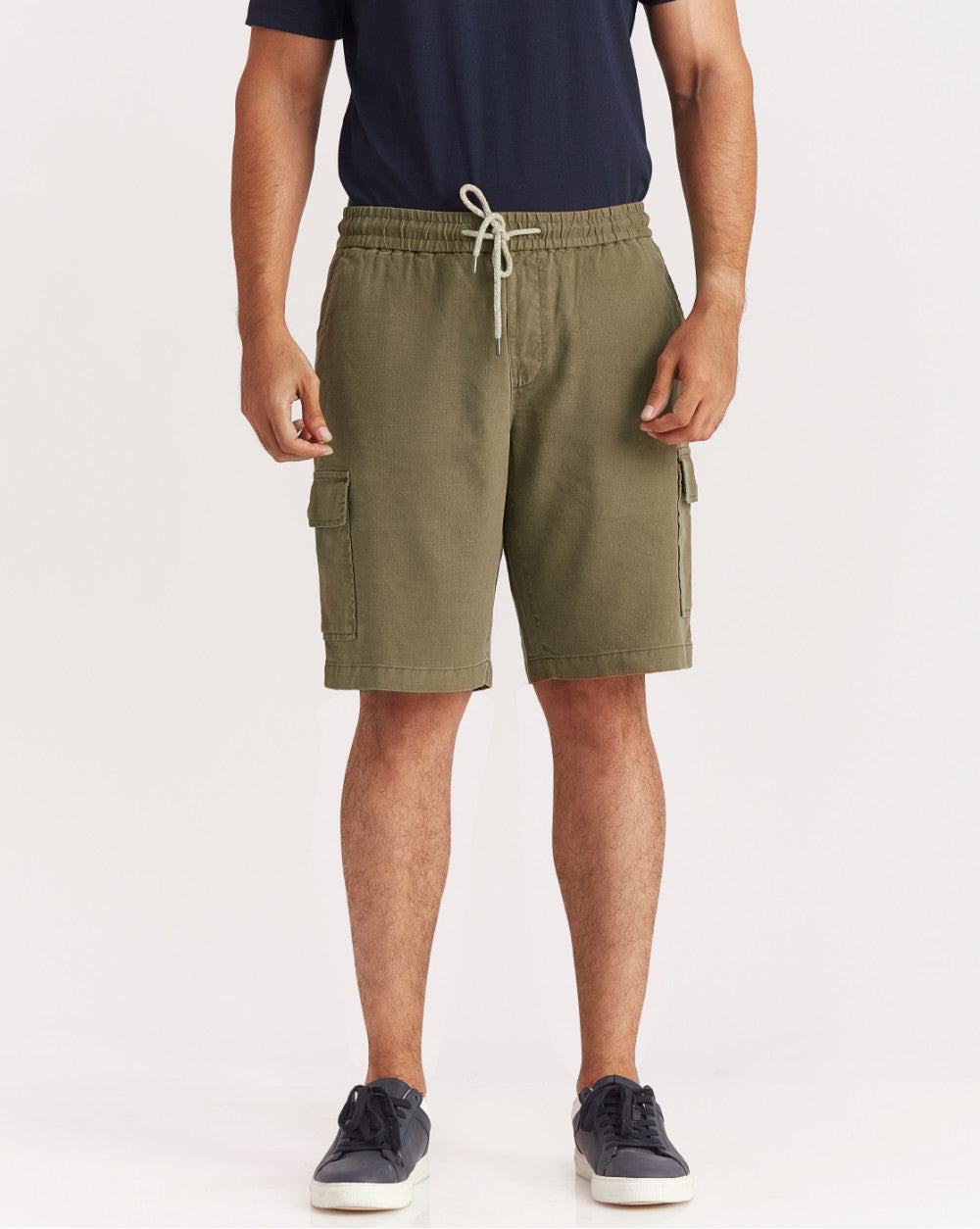 Regular Fit Dyed Linen Cargo Shorts - Army Green