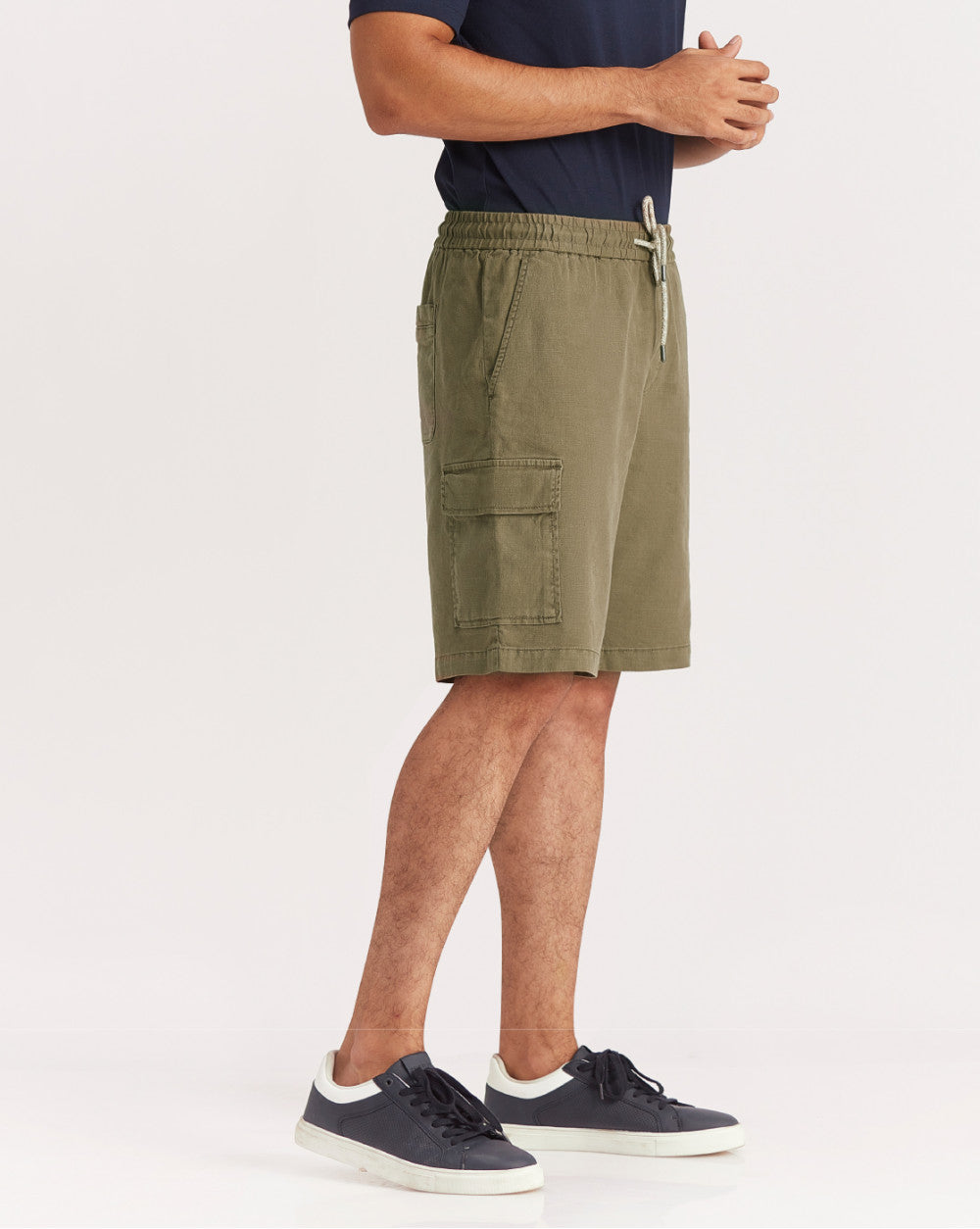 Regular Fit Dyed Linen Cargo Shorts - Army Green