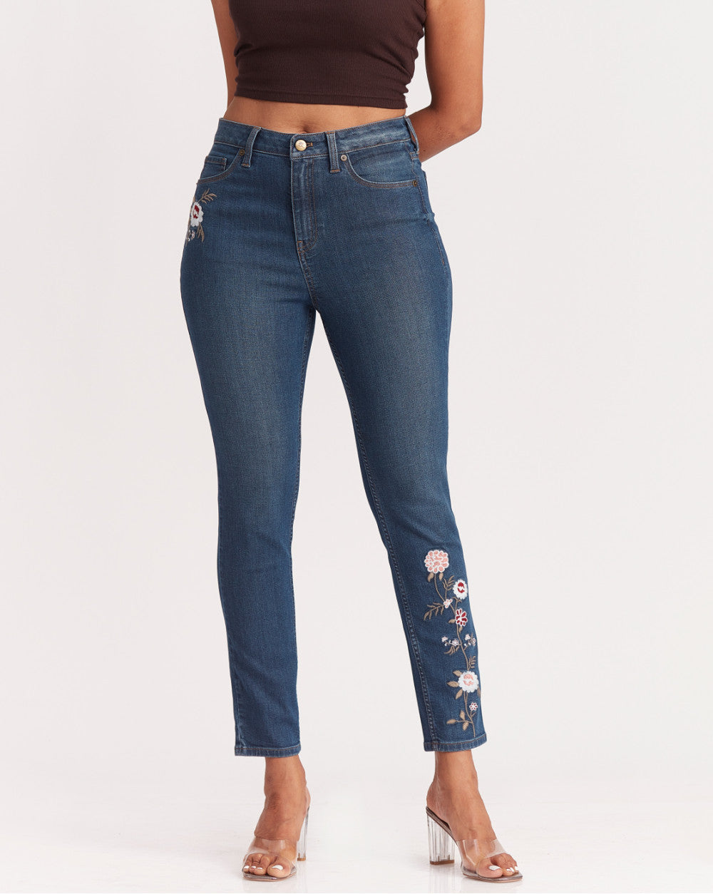 Skinny Fit, Floral Embroidered Jeans - Classic Blue