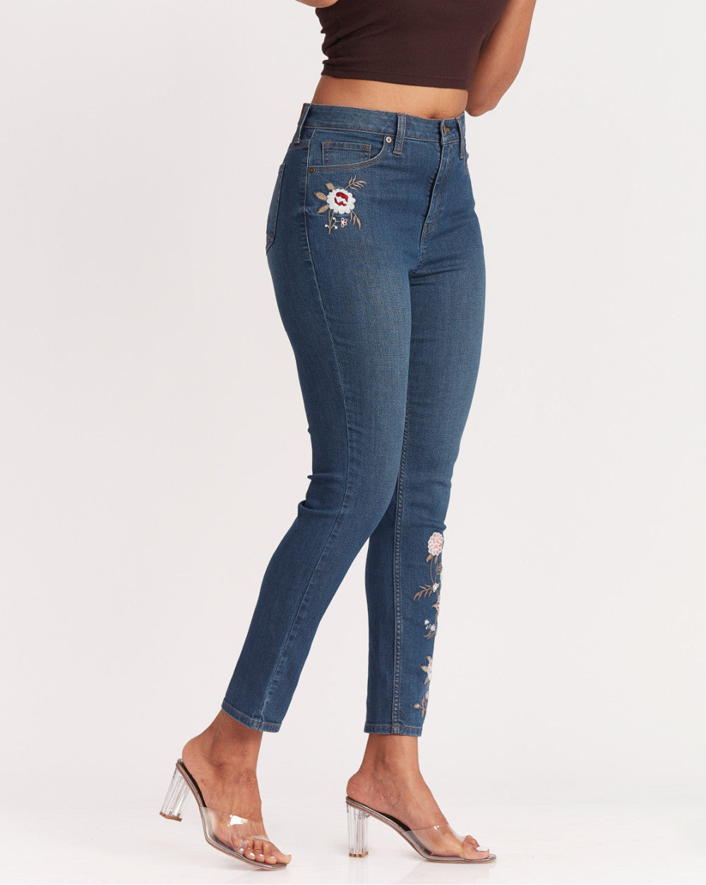 Skinny Fit, Floral Embroidered Jeans - Classic Blue