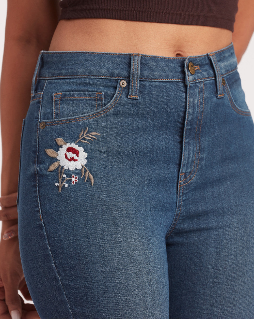 Skinny Fit, Floral Embroidered Jeans - Classic Blue
