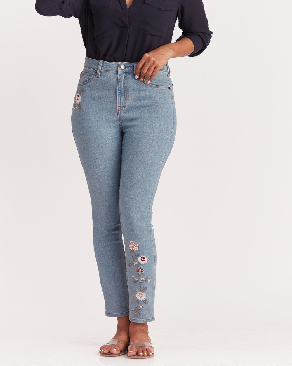 Skinny Fit, Floral Embroidered Jeans - Vapour Blue
