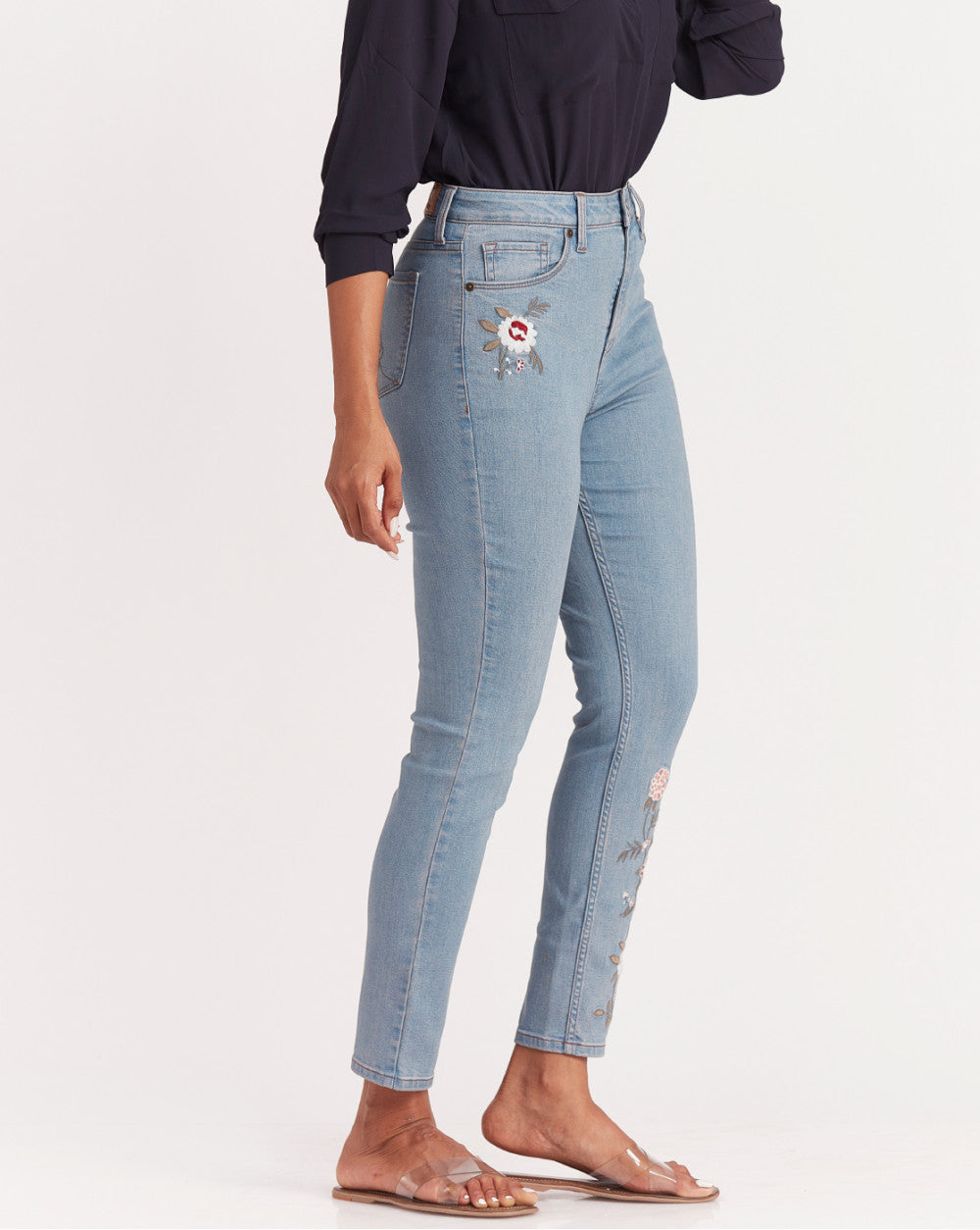 Skinny Fit, Floral Embroidered Jeans - Vapour Blue