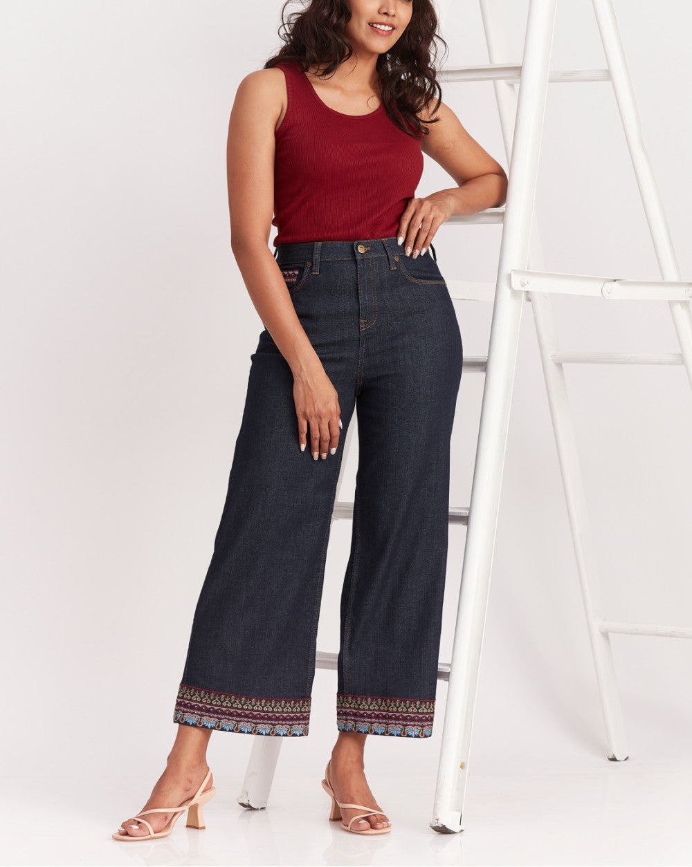 Wide Leg High Waist Boho Embroidered Jeans - Natural Blue