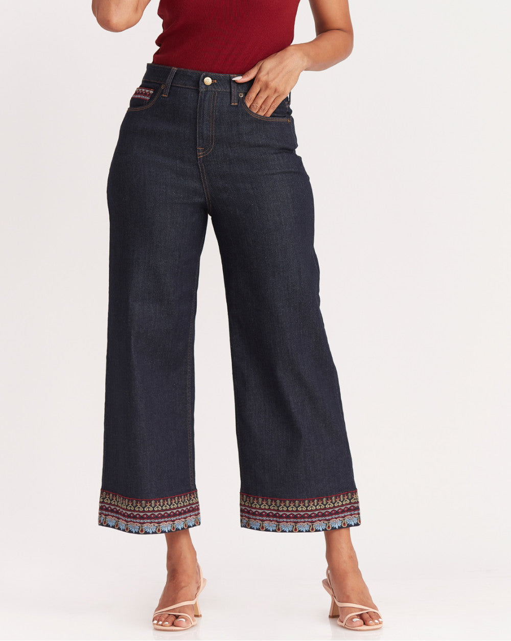 Wide Leg High Waist Boho Embroidered Jeans - Natural Blue