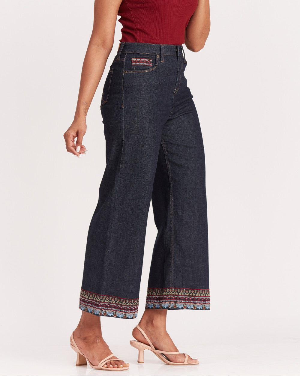 Wide Leg High Waist Boho Embroidered Jeans - Natural Blue