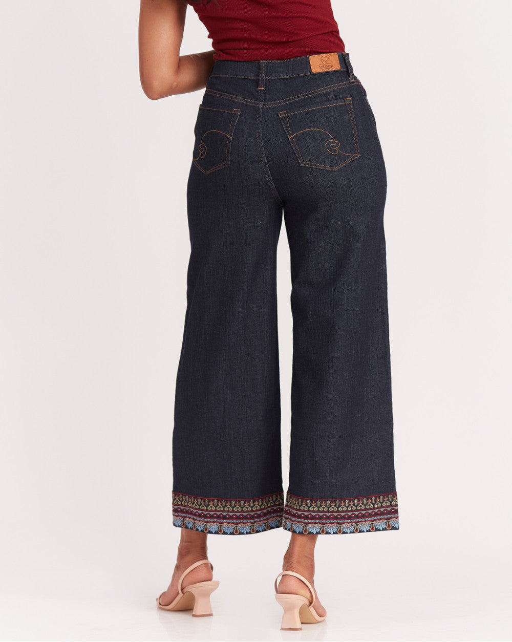 Wide Leg High Waist Boho Embroidered Jeans - Natural Blue