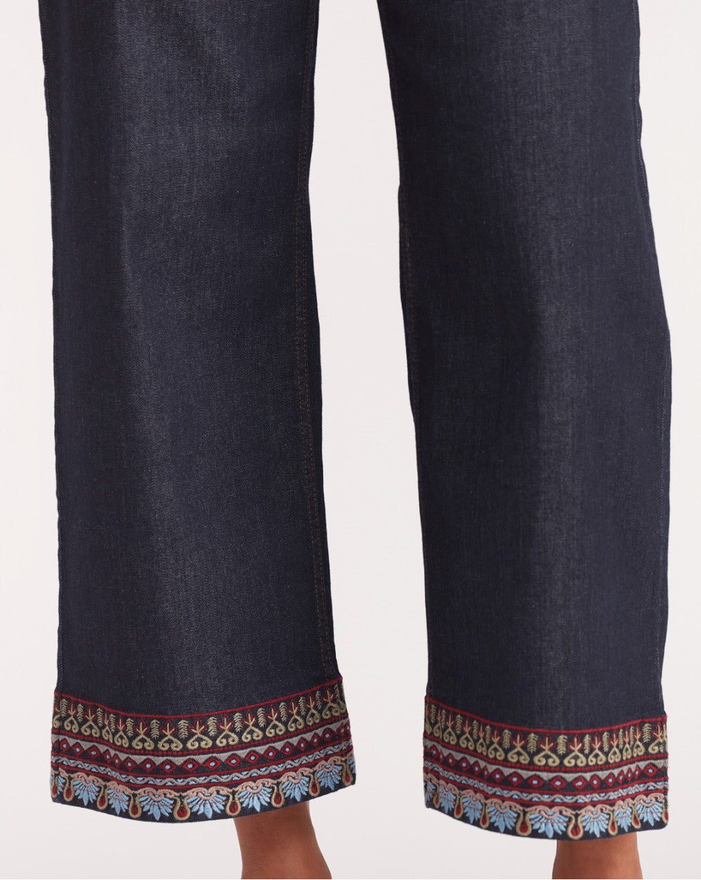Wide Leg High Waist Boho Embroidered Jeans - Natural Blue